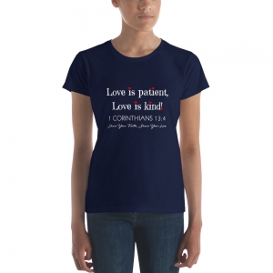 Navy 1 Corinthians 13:4 Women's Fitted Christian Short-Sleeve T-Shirt - White Text