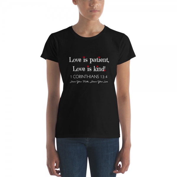 Black 1 Corinthians 13:4 Women's Fitted Christian Short-Sleeve T-Shirt - White Text