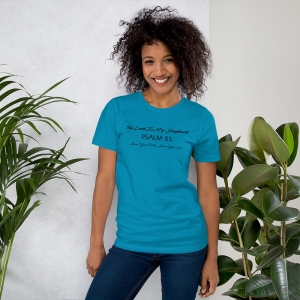 Aqua Psalm 23 Women’s Fitted Christian Short-Sleeve T-Shirt Front View with Black Text