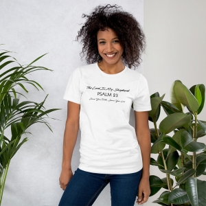 White Psalm 23 Women’s Fitted Christian Short-Sleeve T-Shirt Front View with Black Text