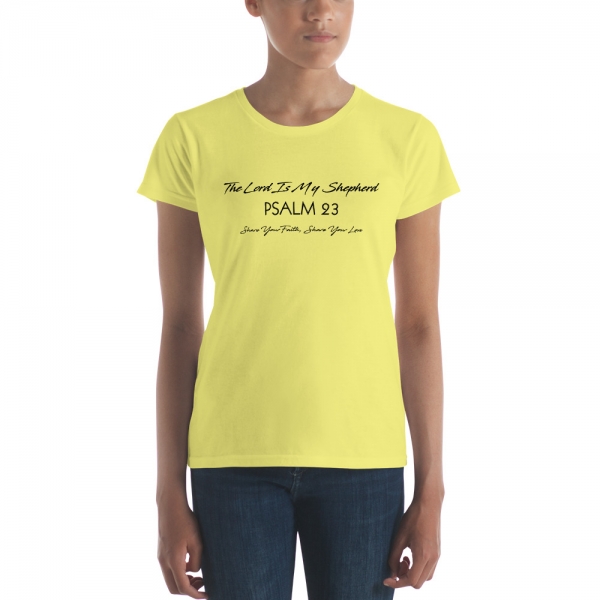 Spring Yellow Psalm 23 Women’s Fitted Short-Sleeve Christian T-Shirt Front View with Black Text