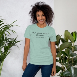 Heather Prism Dusty Blue Psalm 23 Women’s Fitted Christian Short-Sleeve T-Shirt Front View with Black Text