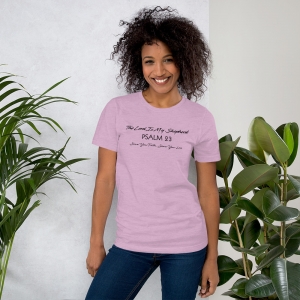 Heather Prism Lilac Psalm 23 Women’s Fitted Christian Short-Sleeve T-Shirt Front View with Black Text