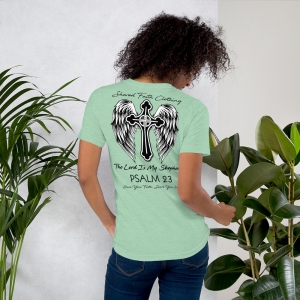 Heather Prism Mint Psalm 23 Women’s Fitted Christian Short-Sleeve T-Shirt Back View with Black Text