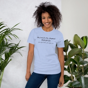 Heather Blue Psalm 23 Women’s Fitted Christian Short-Sleeve T-Shirt Front View with Black Text